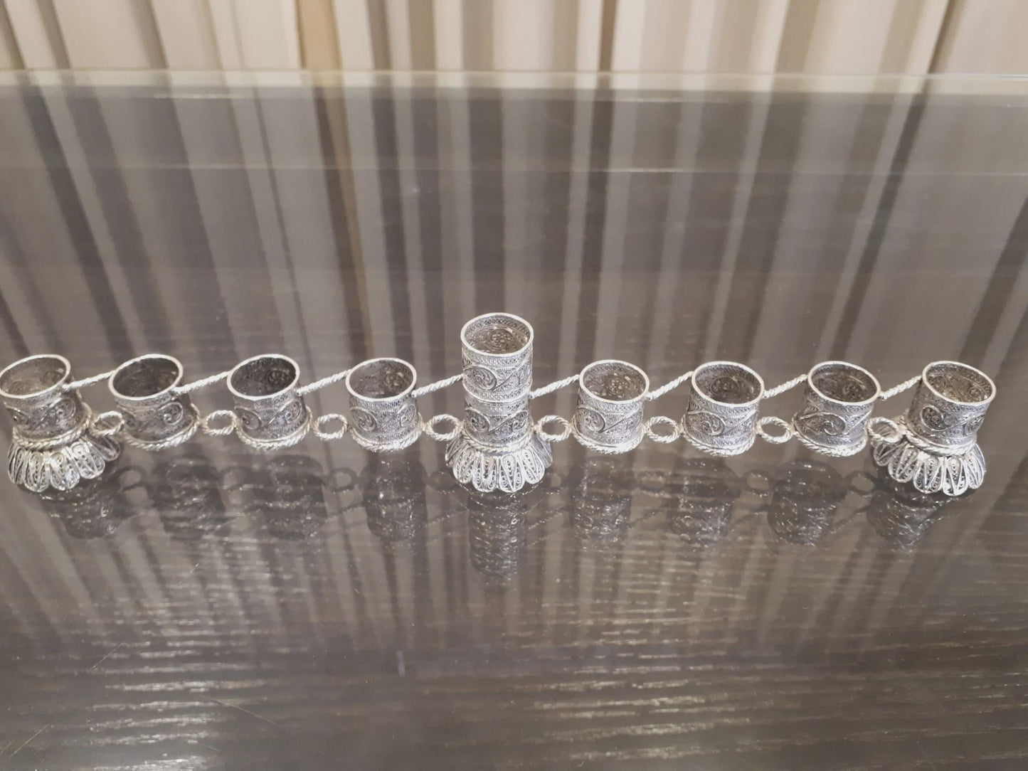 Sterling Silver Yemenite Filigree Menorah | Handcrafted Judaica | Elegant Hanukkah Candle Holder
