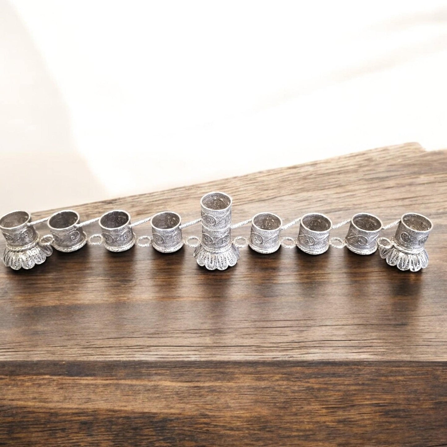 Sterling Silver Yemenite Filigree Menorah | Handcrafted Judaica | Elegant Hanukkah Candle Holder