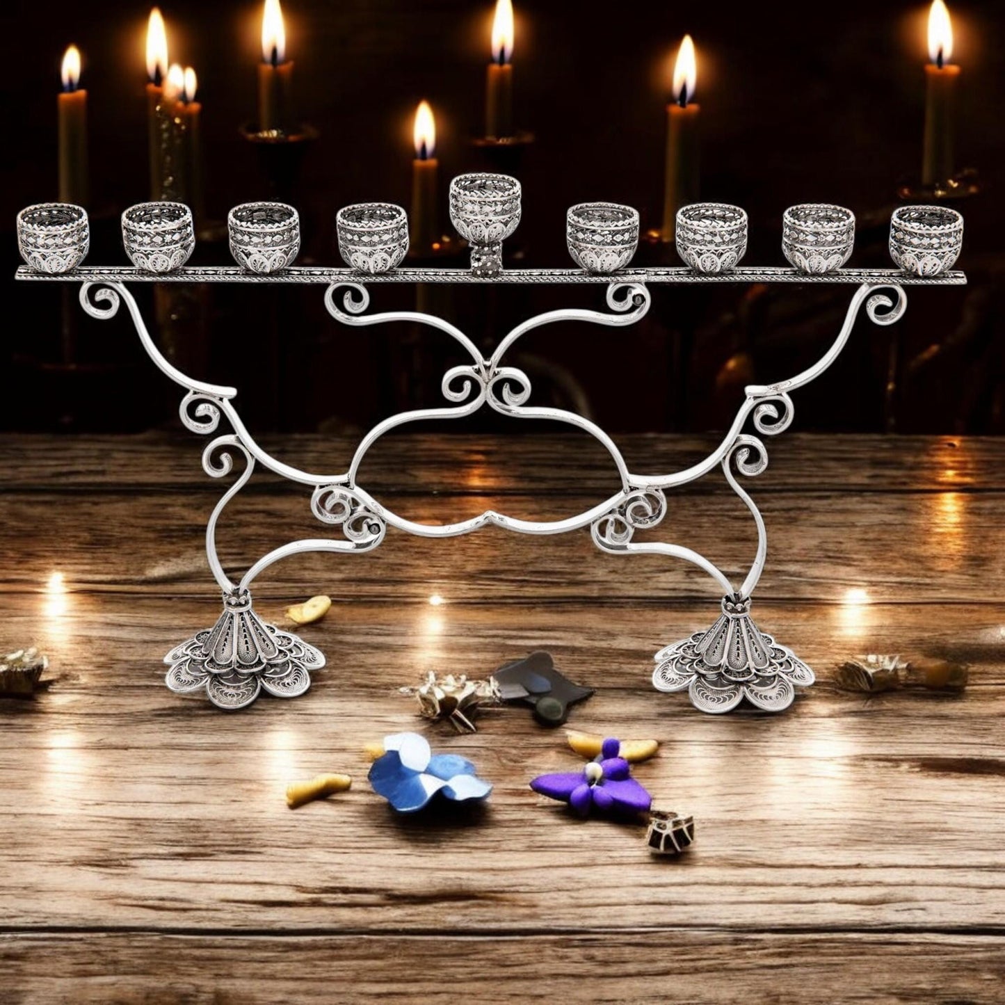 Sterling Silver Hanukkah Menorah with Quartz: Yemenite Filigree Judaica