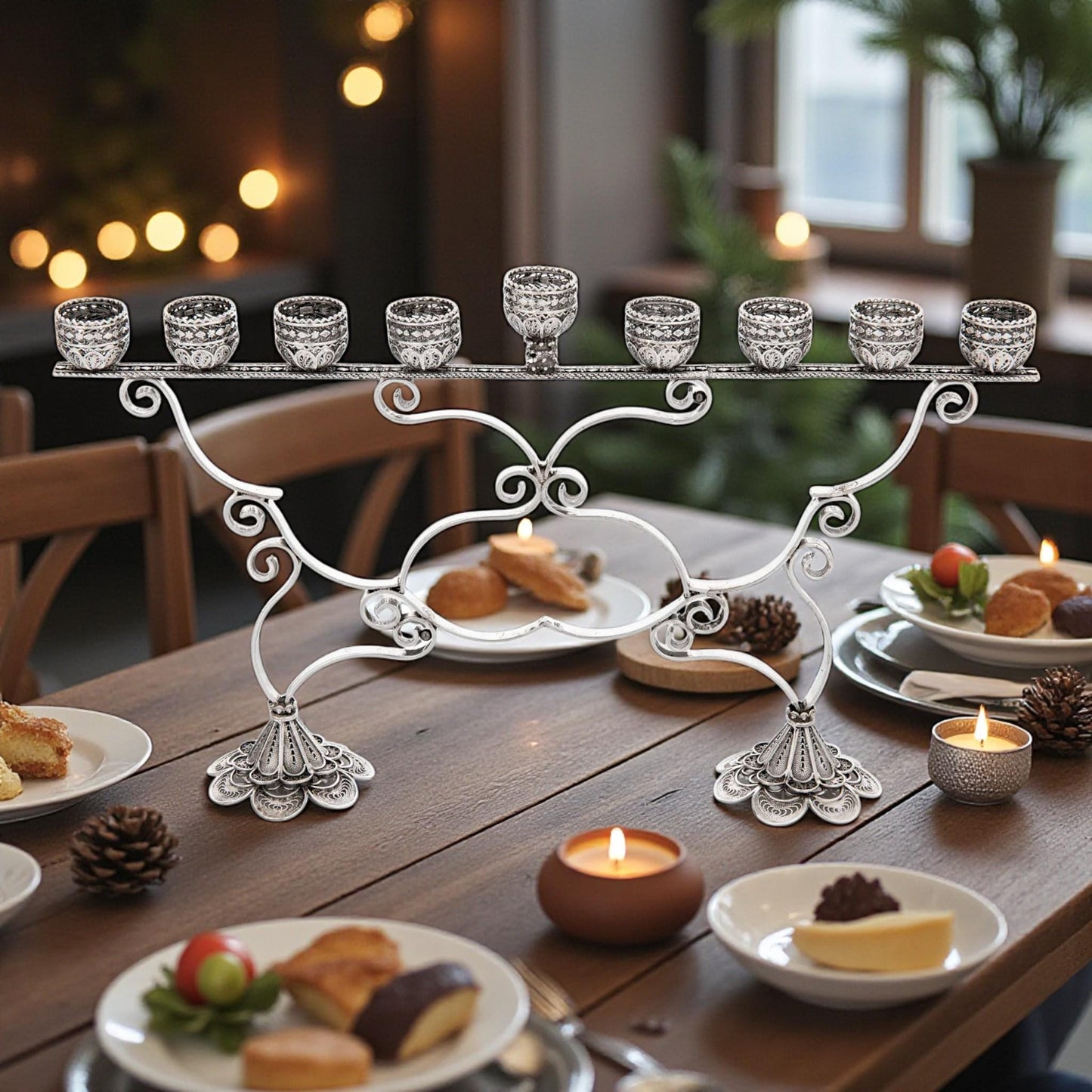 Sterling Silver Hanukkah Menorah with Quartz: Yemenite Filigree Judaica