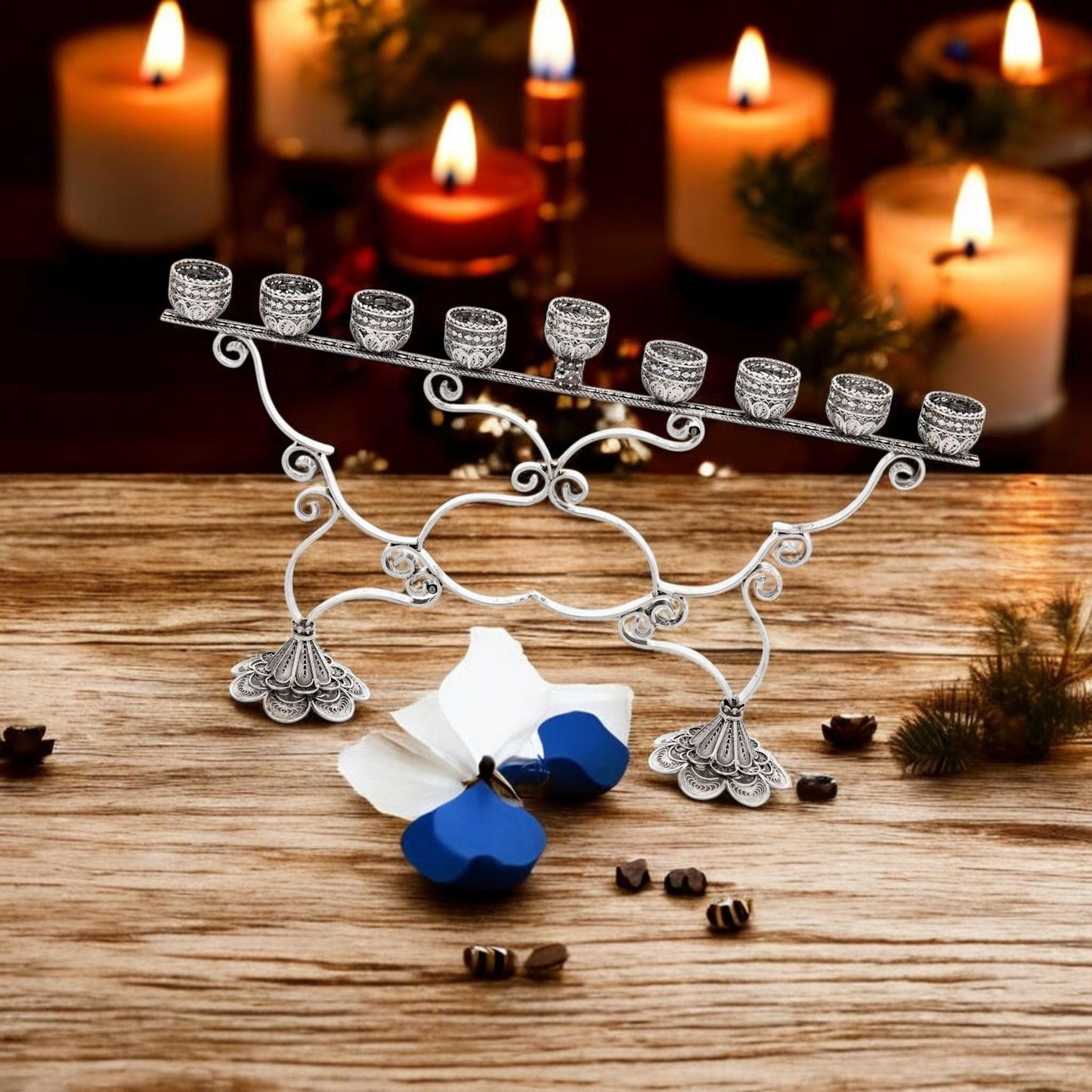 Sterling Silver Hanukkah Menorah with Quartz: Yemenite Filigree Judaica