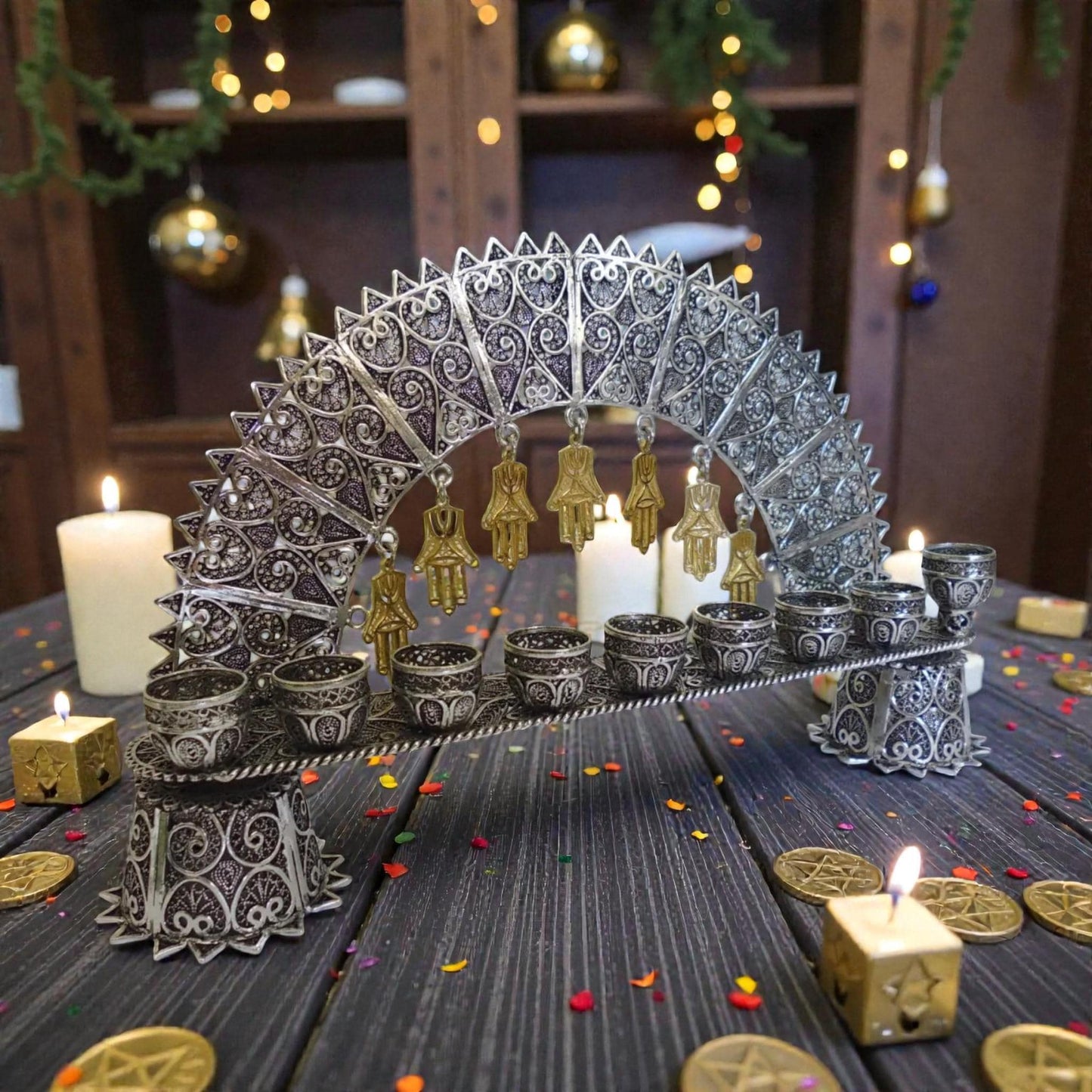 Sterling Silver Yemenite Filigree Menorah | Handcrafted Judaica | Elegant Hanukkah Candle Holder