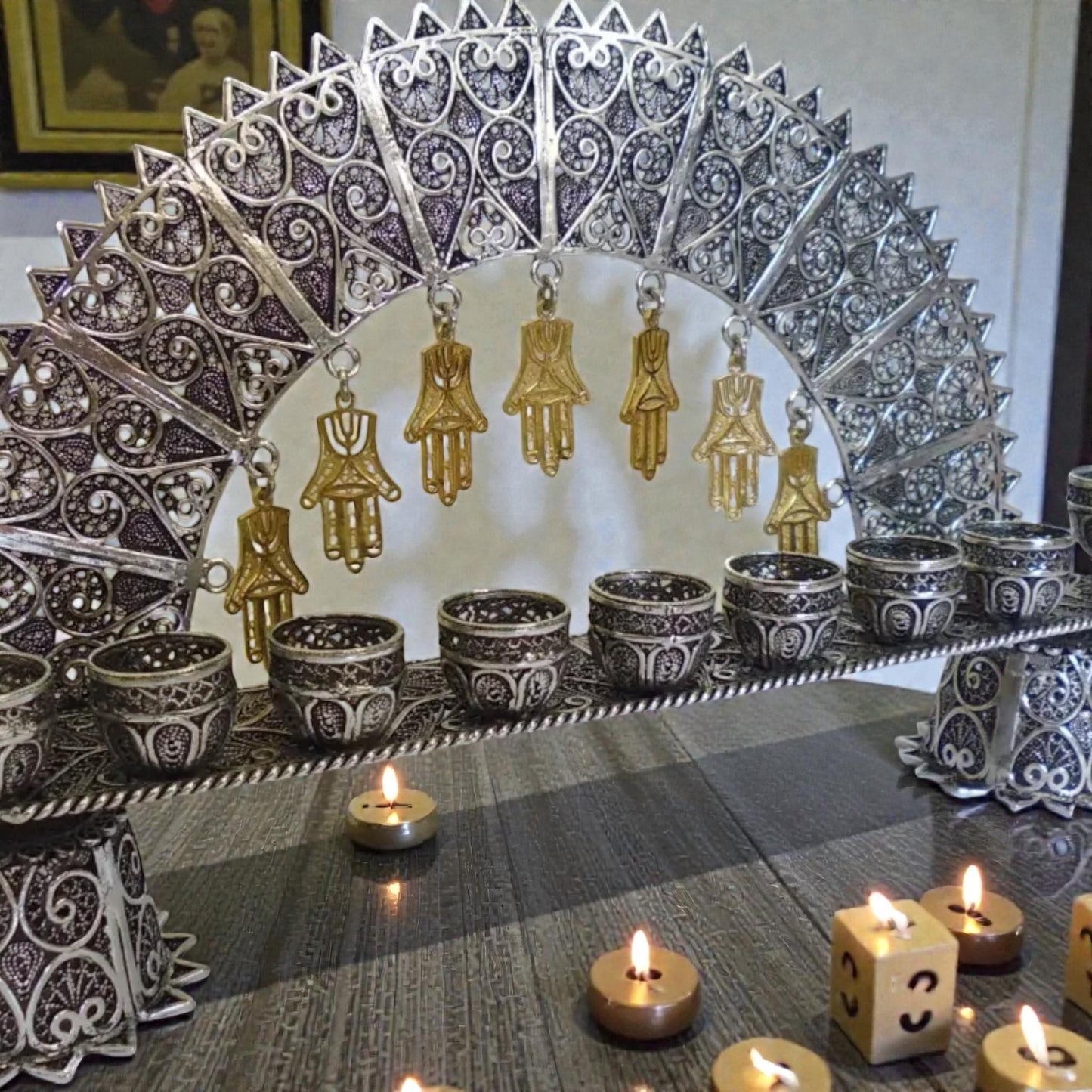 Sterling Silver Yemenite Filigree Menorah | Handcrafted Judaica | Elegant Hanukkah Candle Holder