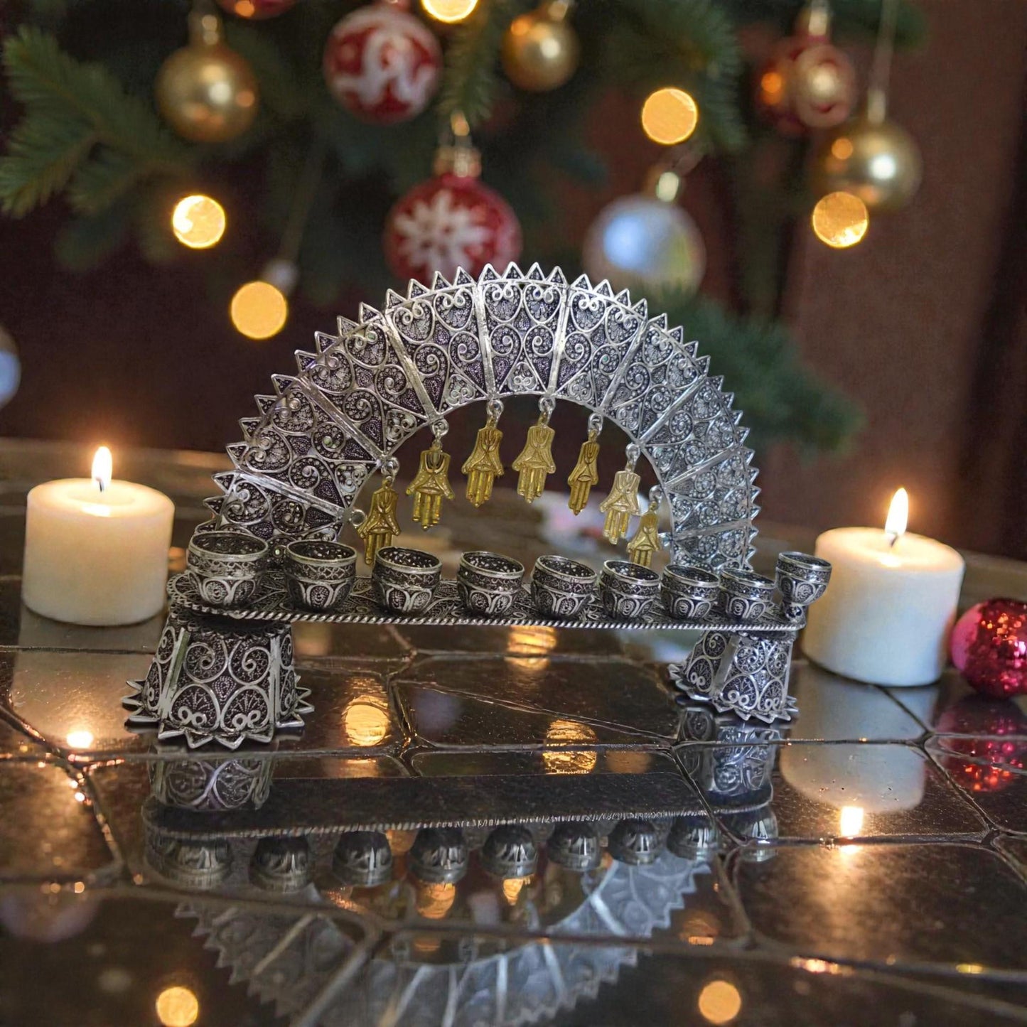 Sterling Silver Yemenite Filigree Menorah | Handcrafted Judaica | Elegant Hanukkah Candle Holder