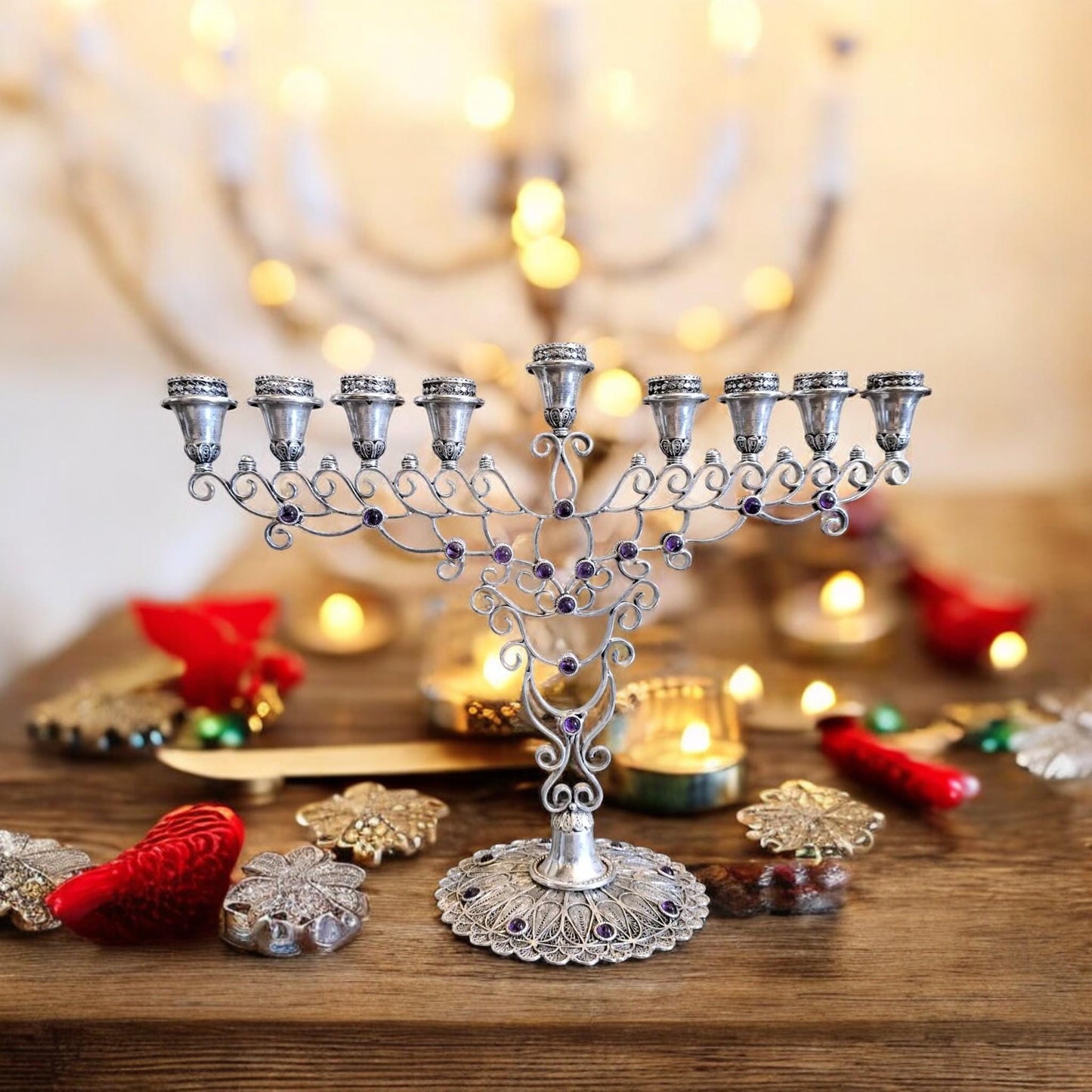 Handmade Silver Filigree Menorah with Amethyst Stones | Israeli Judaica | Hanukkah Gift