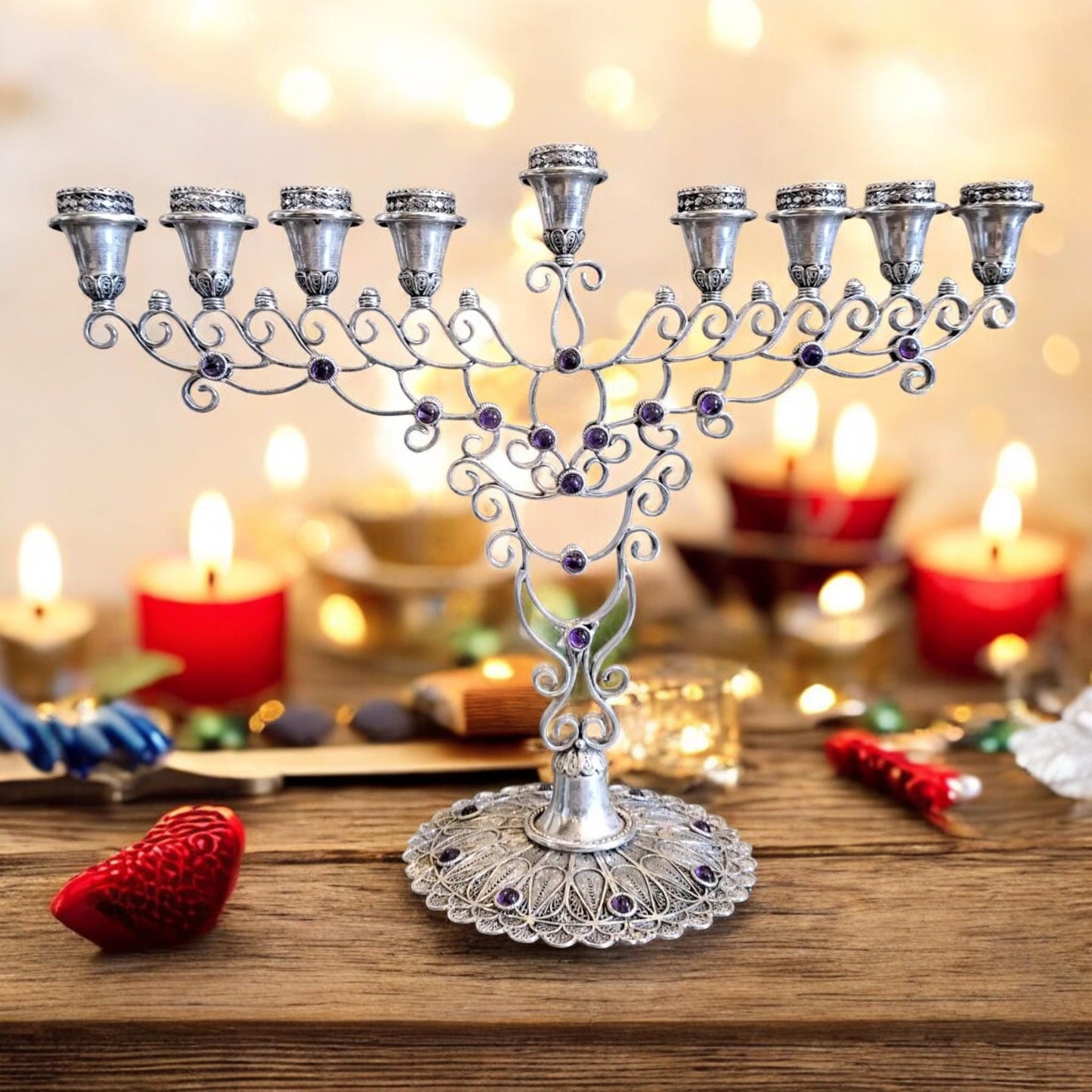 Handmade Silver Filigree Menorah with Amethyst Stones | Israeli Judaica | Hanukkah Gift
