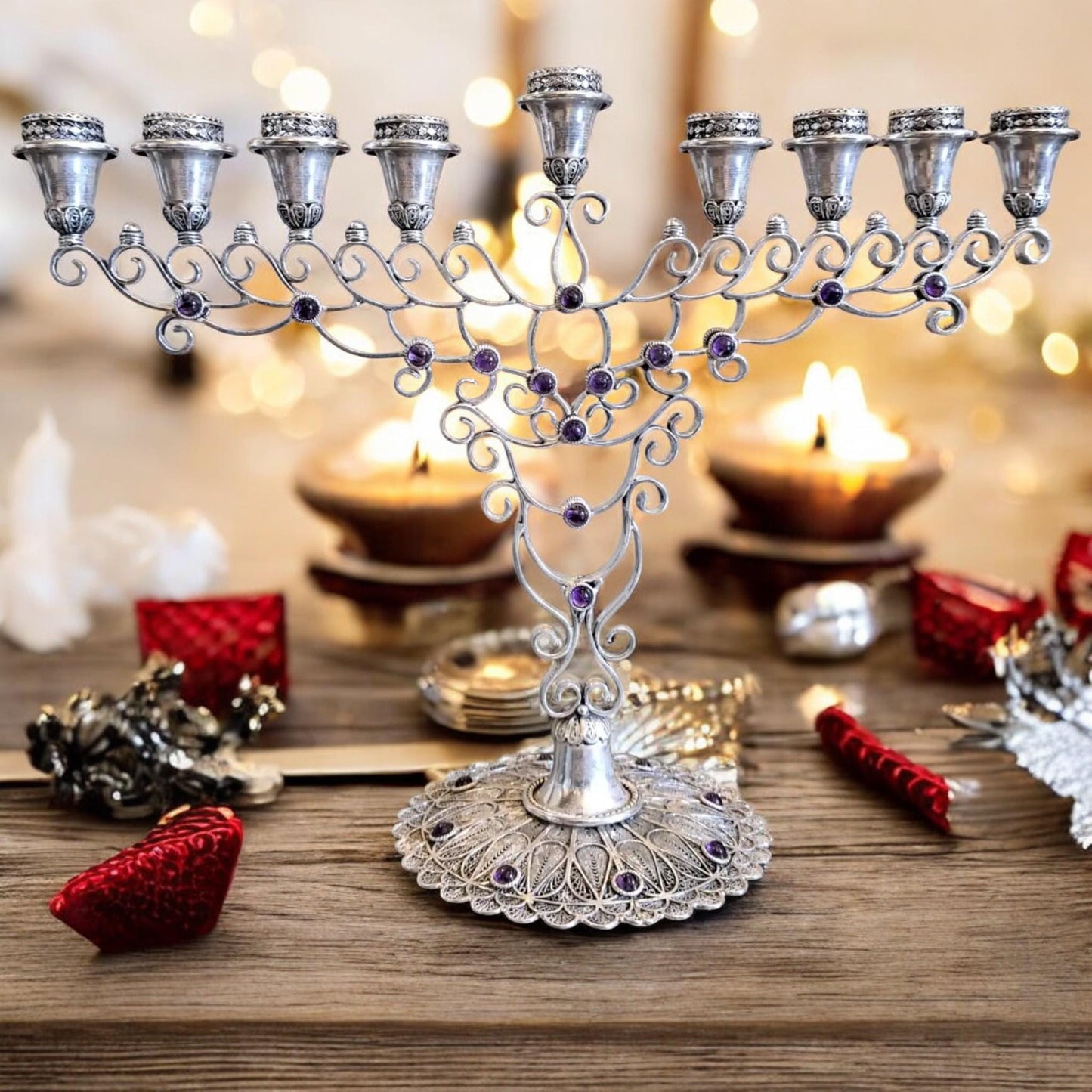 Handmade Silver Filigree Menorah with Amethyst Stones | Israeli Judaica | Hanukkah Gift