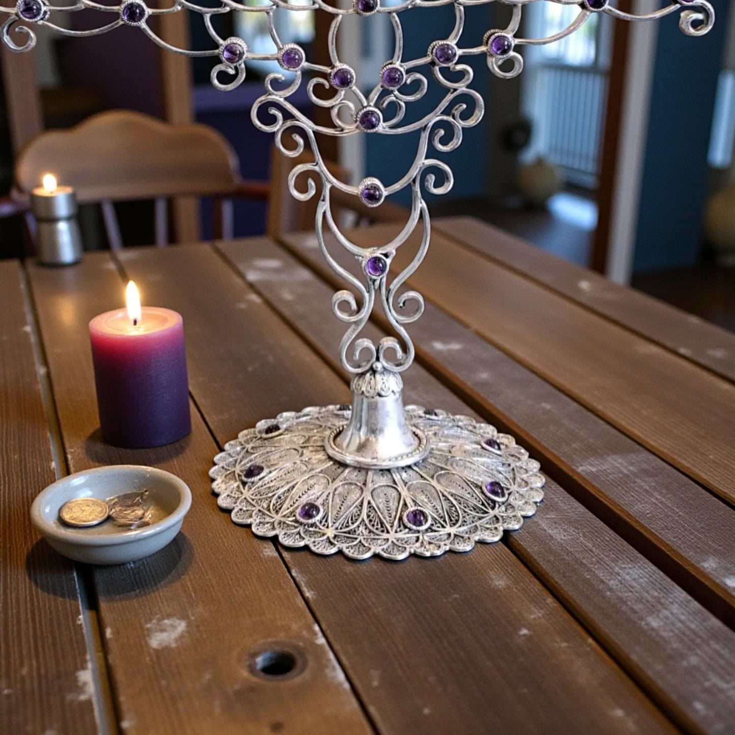 Handmade Silver Filigree Menorah with Amethyst Stones | Israeli Judaica | Hanukkah Gift
