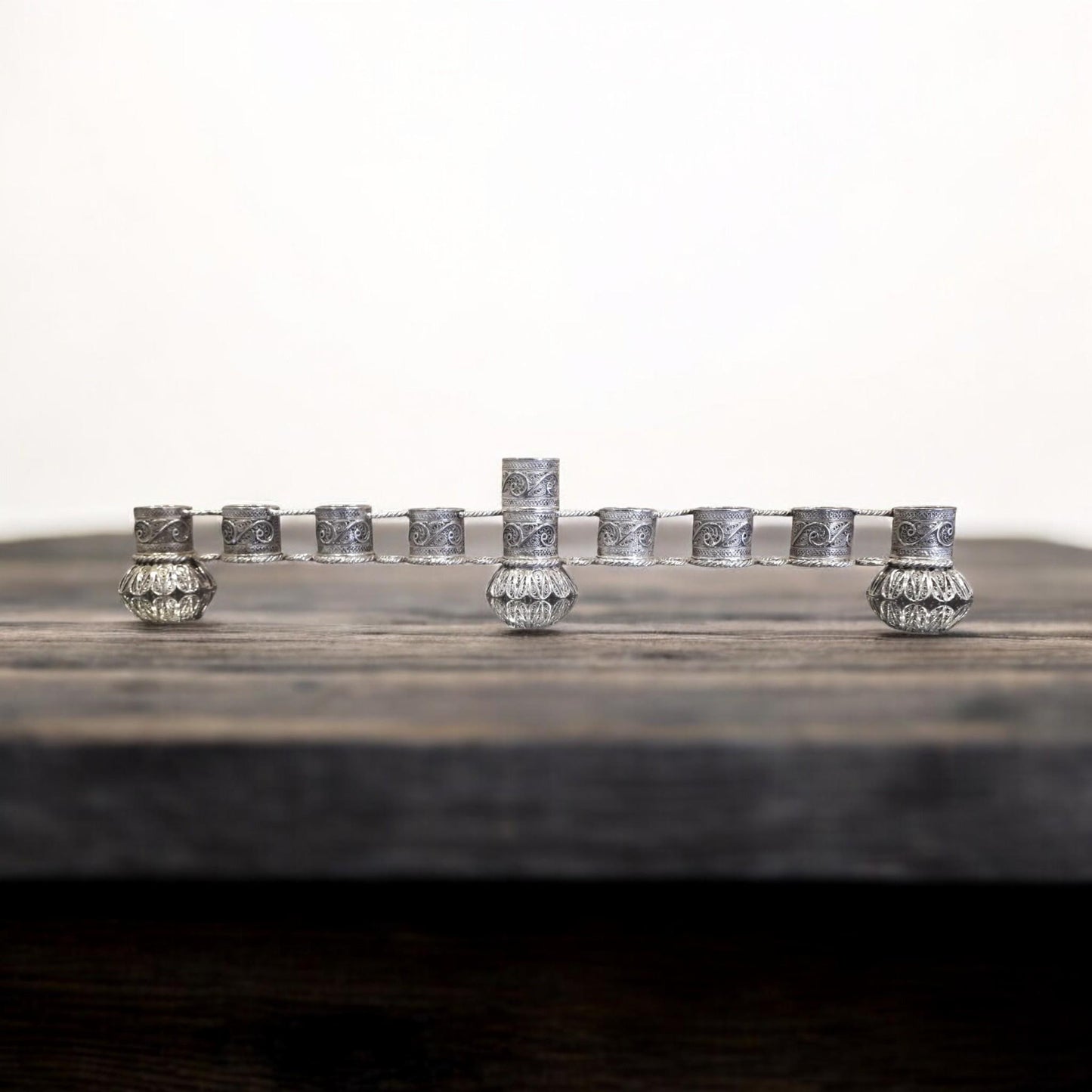 Sterling Silver Yemenite Filigree Menorah | Handcrafted Judaica | Elegant Hanukkah Candle Holder