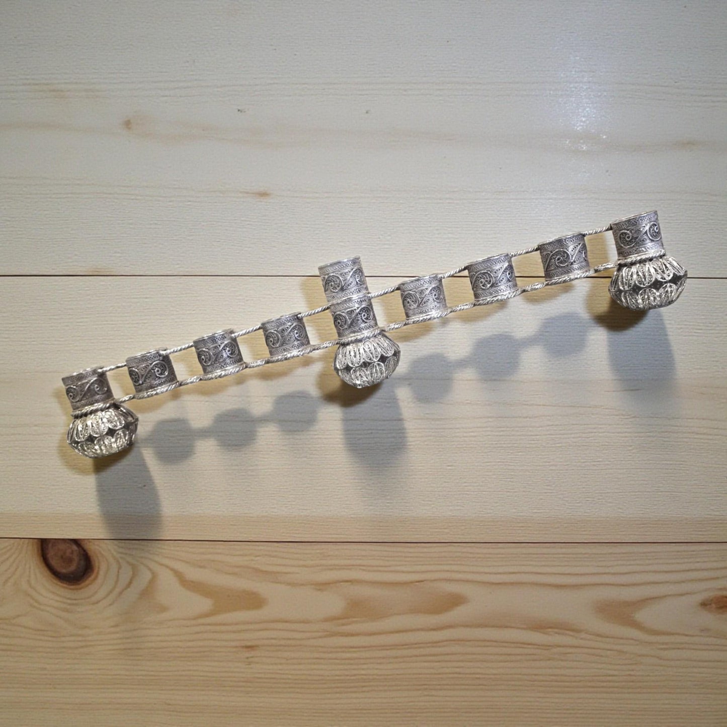 Sterling Silver Yemenite Filigree Menorah | Handcrafted Judaica | Elegant Hanukkah Candle Holder