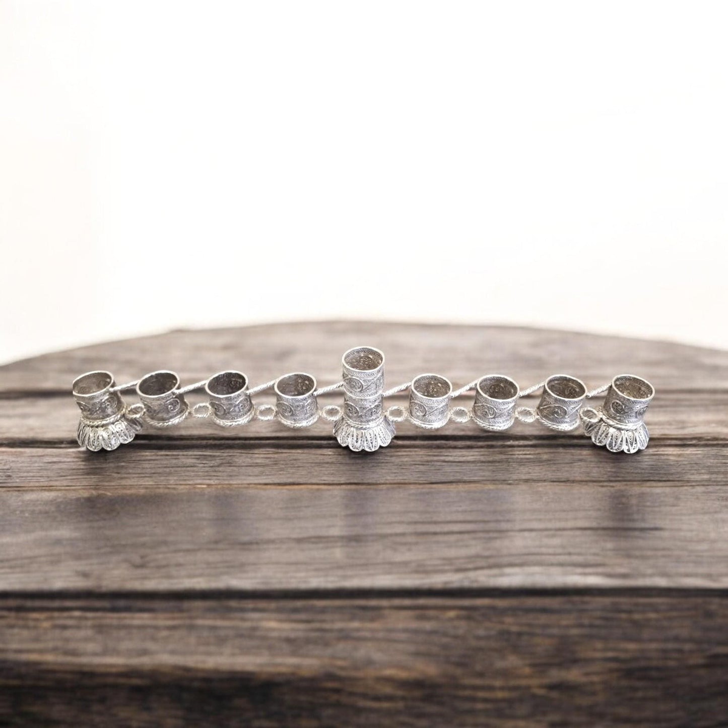 Sterling Silver Yemenite Filigree Menorah | Handcrafted Judaica | Elegant Hanukkah Candle Holder