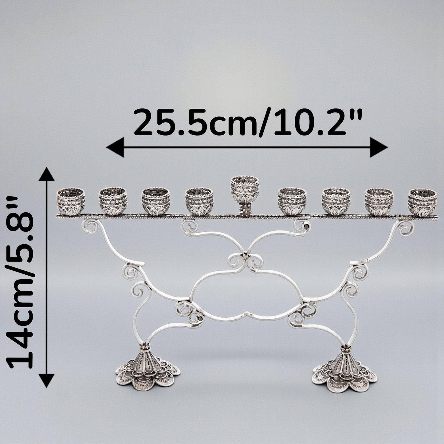 Sterling Silver Hanukkah Menorah with Quartz: Yemenite Filigree Judaica