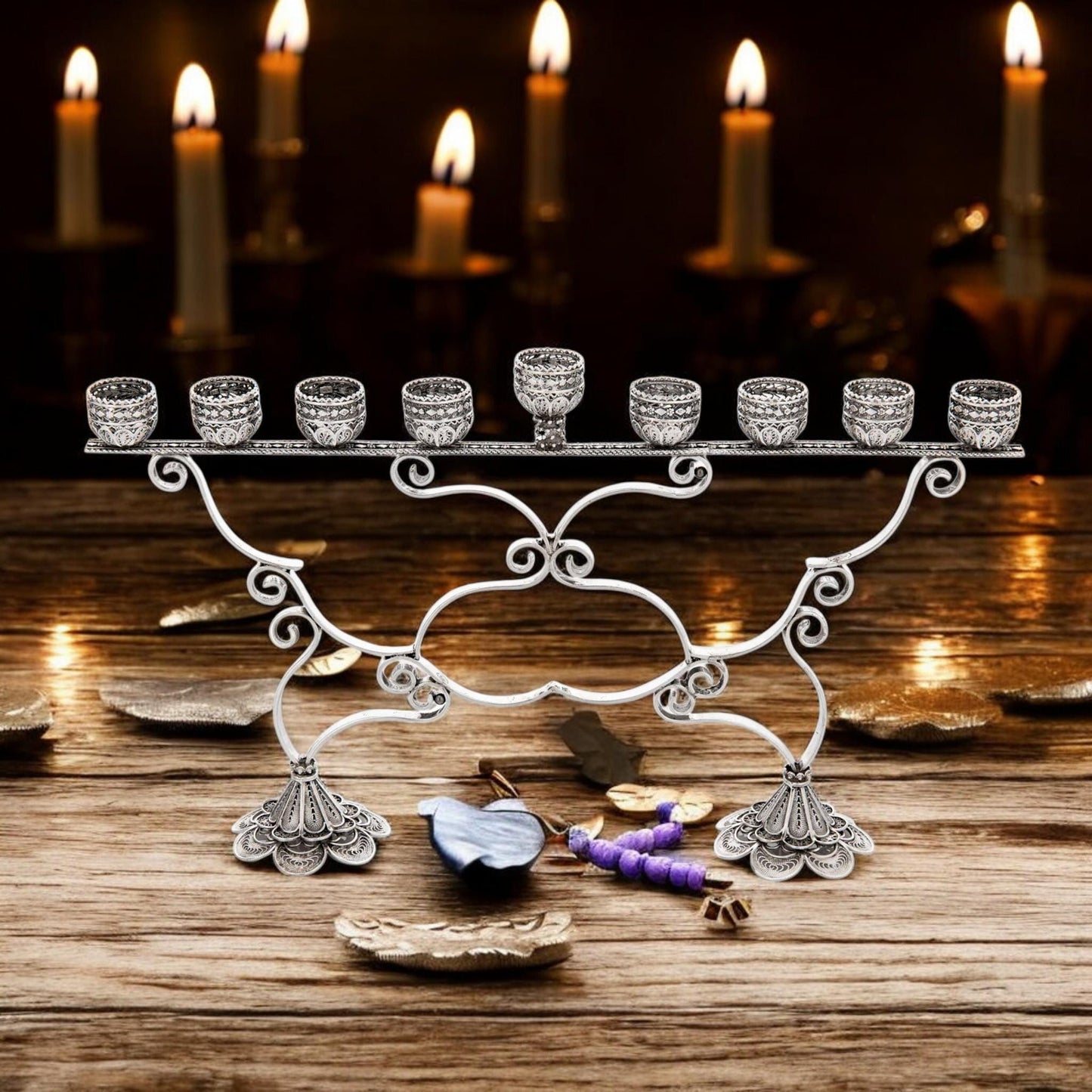 Sterling Silver Hanukkah Menorah with Quartz: Yemenite Filigree Judaica