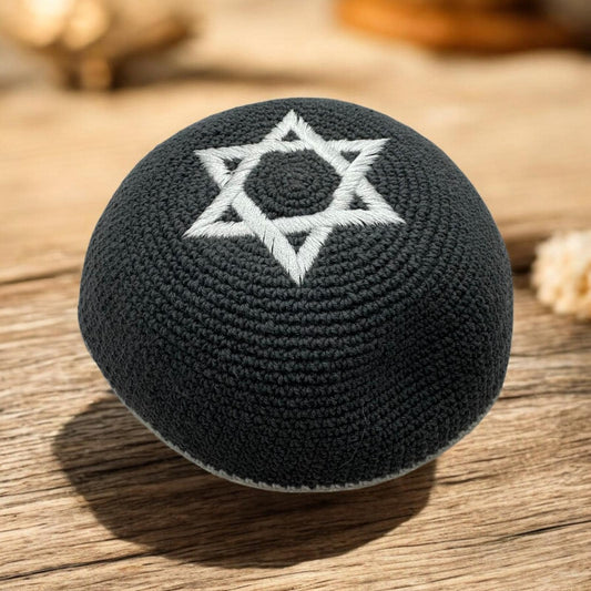 Black/Gray Star of David Kippah | 18cm Silver Embroidery Cotton Jewish Yarmulke
