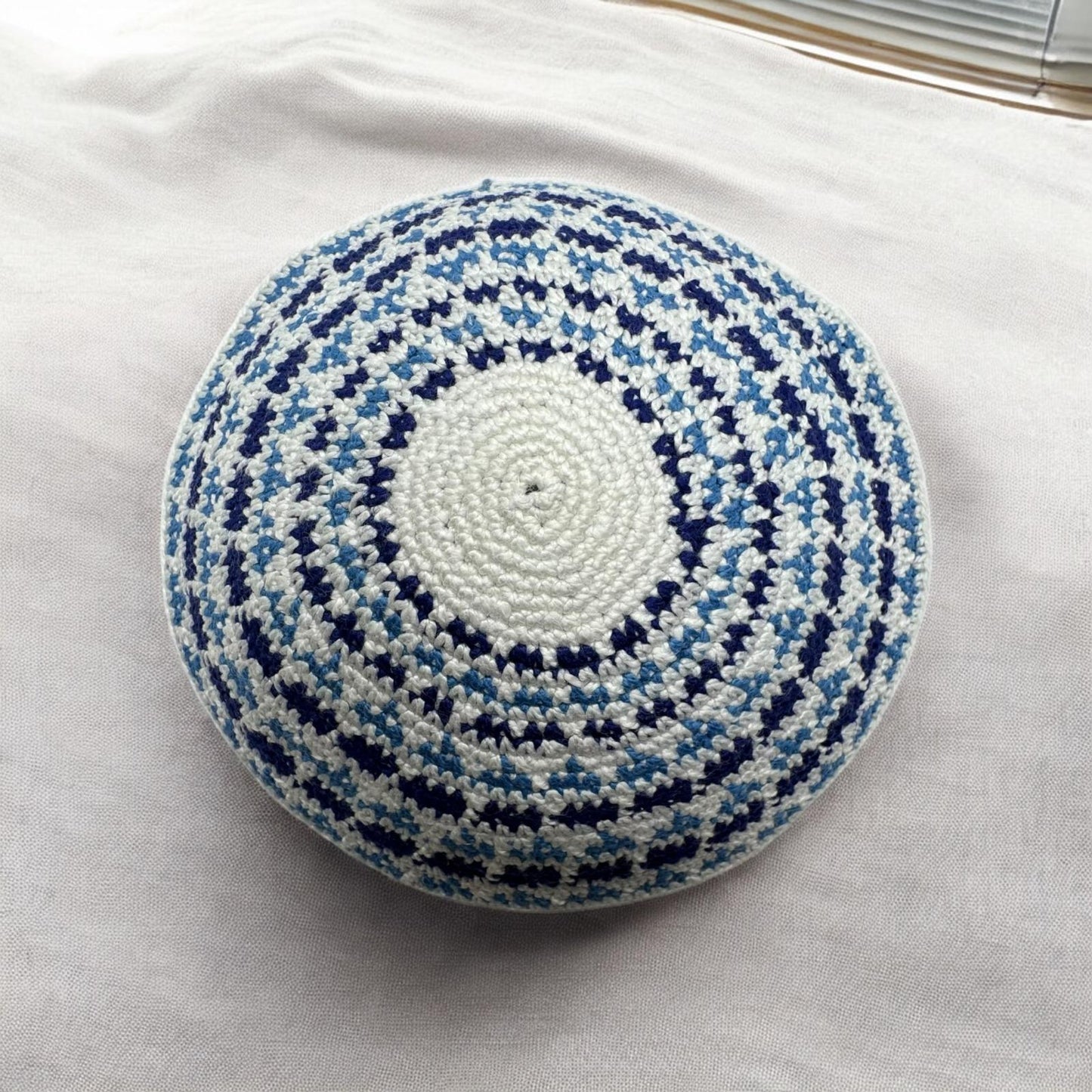 Blue/White Cotton Knitted Kippah | 14cm Handmade Jewish Yarmulke