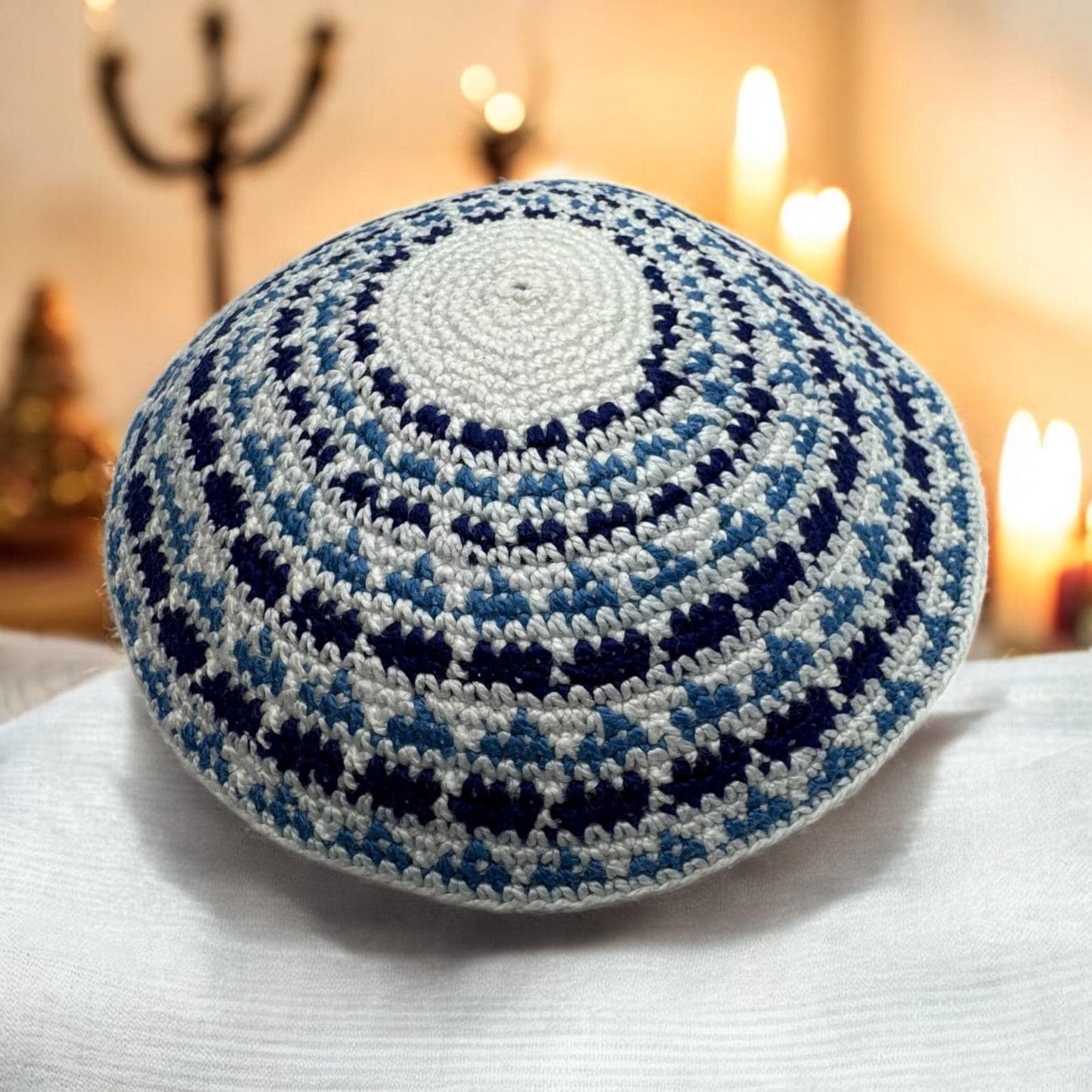 Blue/White Cotton Knitted Kippah | 14cm Handmade Jewish Yarmulke