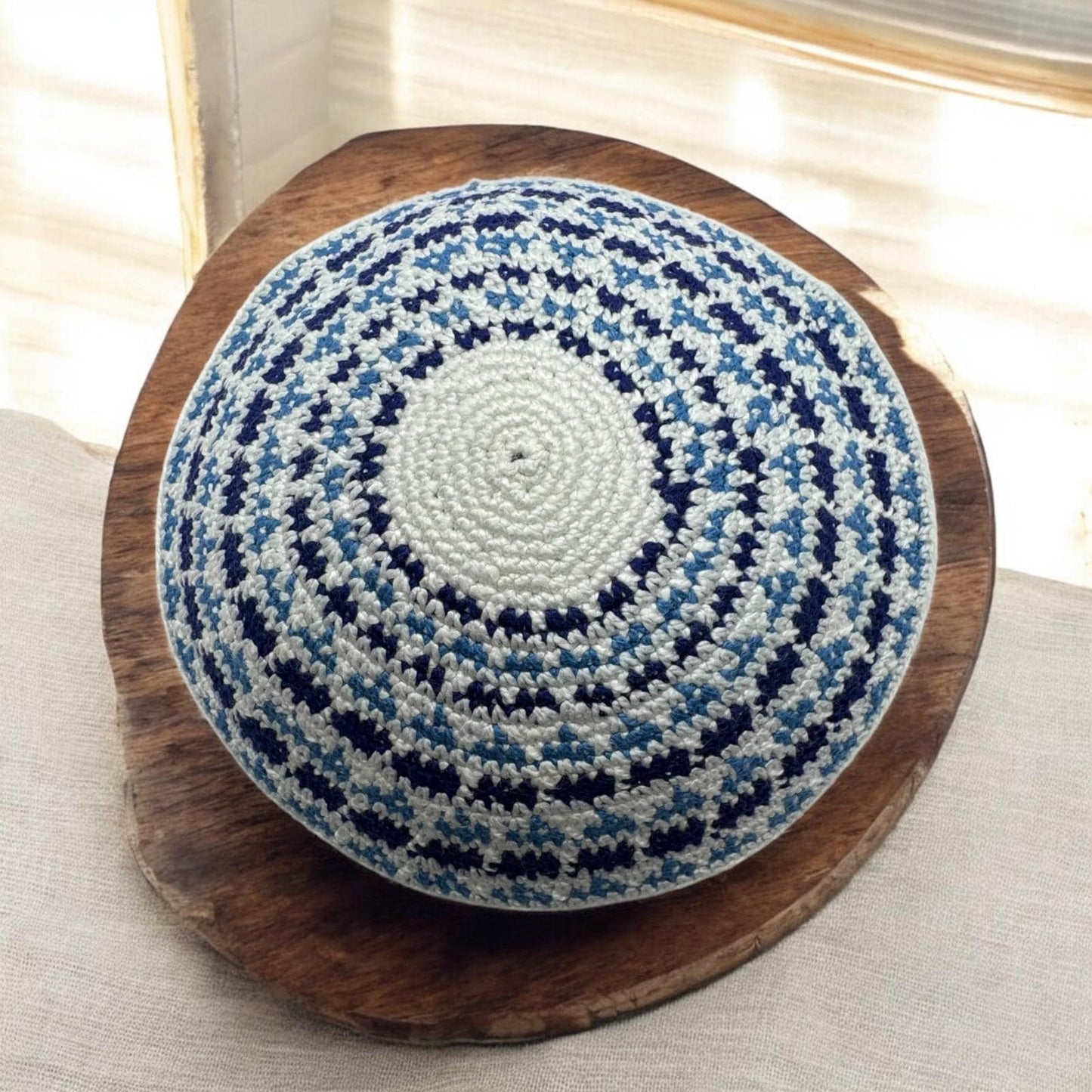 Blue/White Cotton Knitted Kippah | 14cm Handmade Jewish Yarmulke