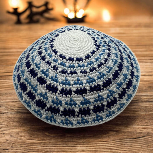Blue/White Cotton Knitted Kippah | 14cm Handmade Jewish Yarmulke