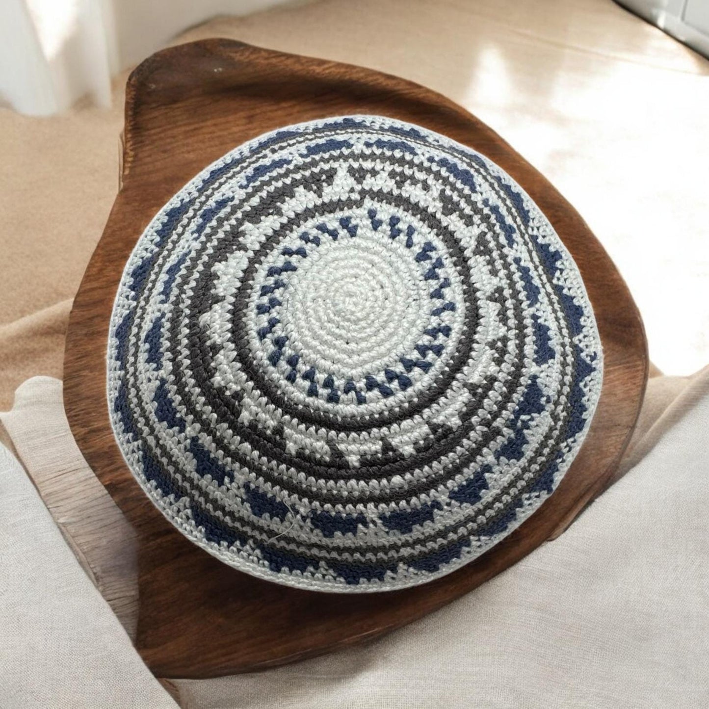 Blue, Gray, & White Cotton 14cm Knitted Kippah