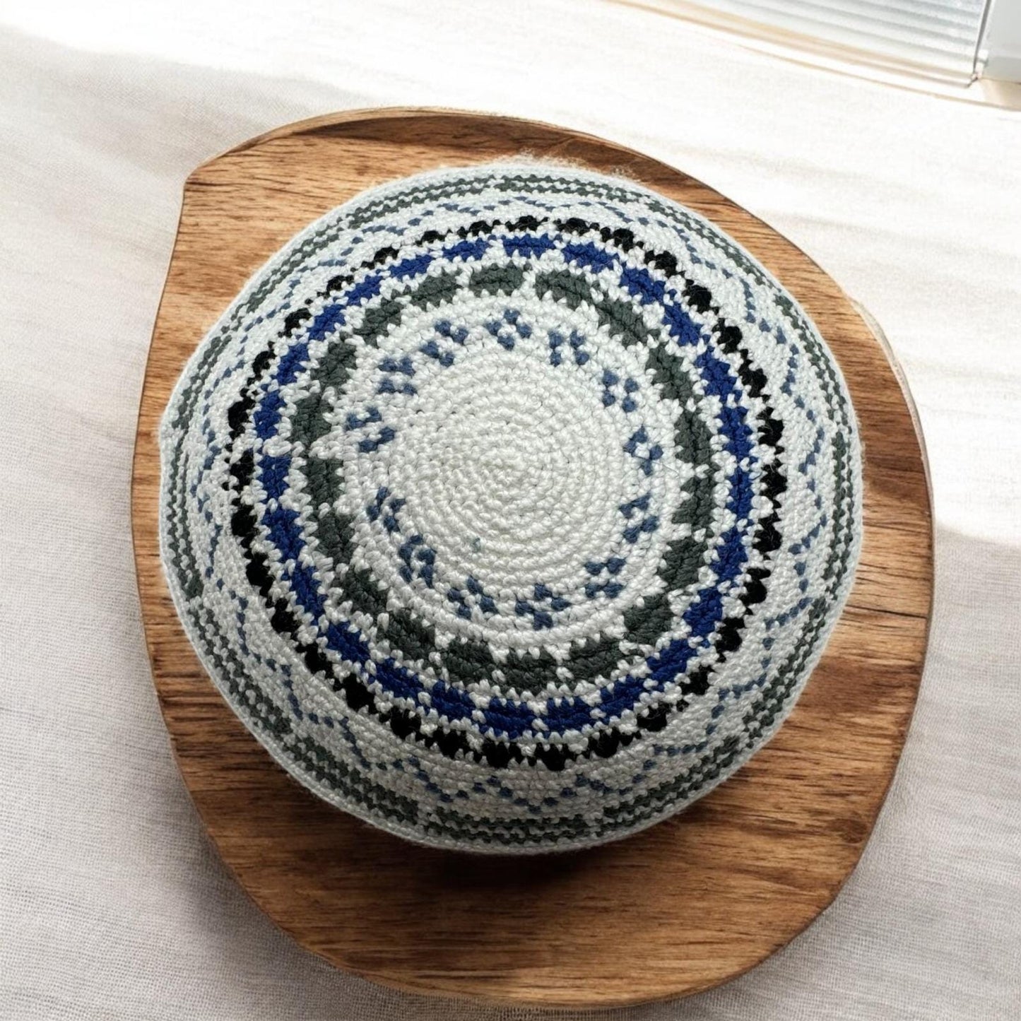 Blue, Gray, & White Cotton 14cm Knitted Kippah