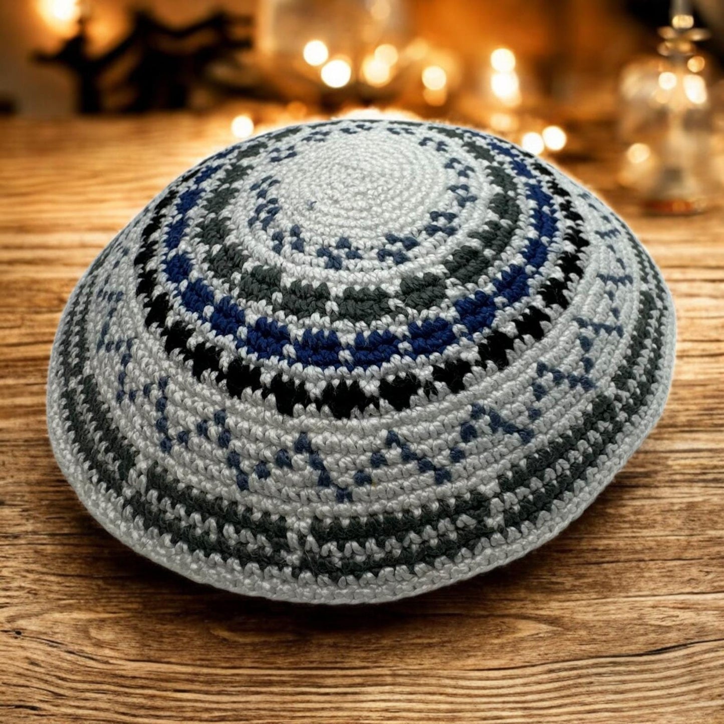 Blue, Gray, & White Cotton 14cm Knitted Kippah