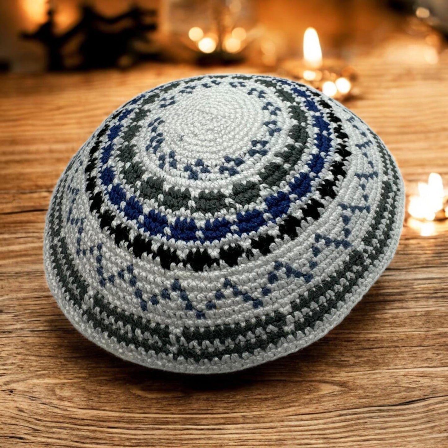 Blue, Gray, & White Cotton 14cm Knitted Kippah