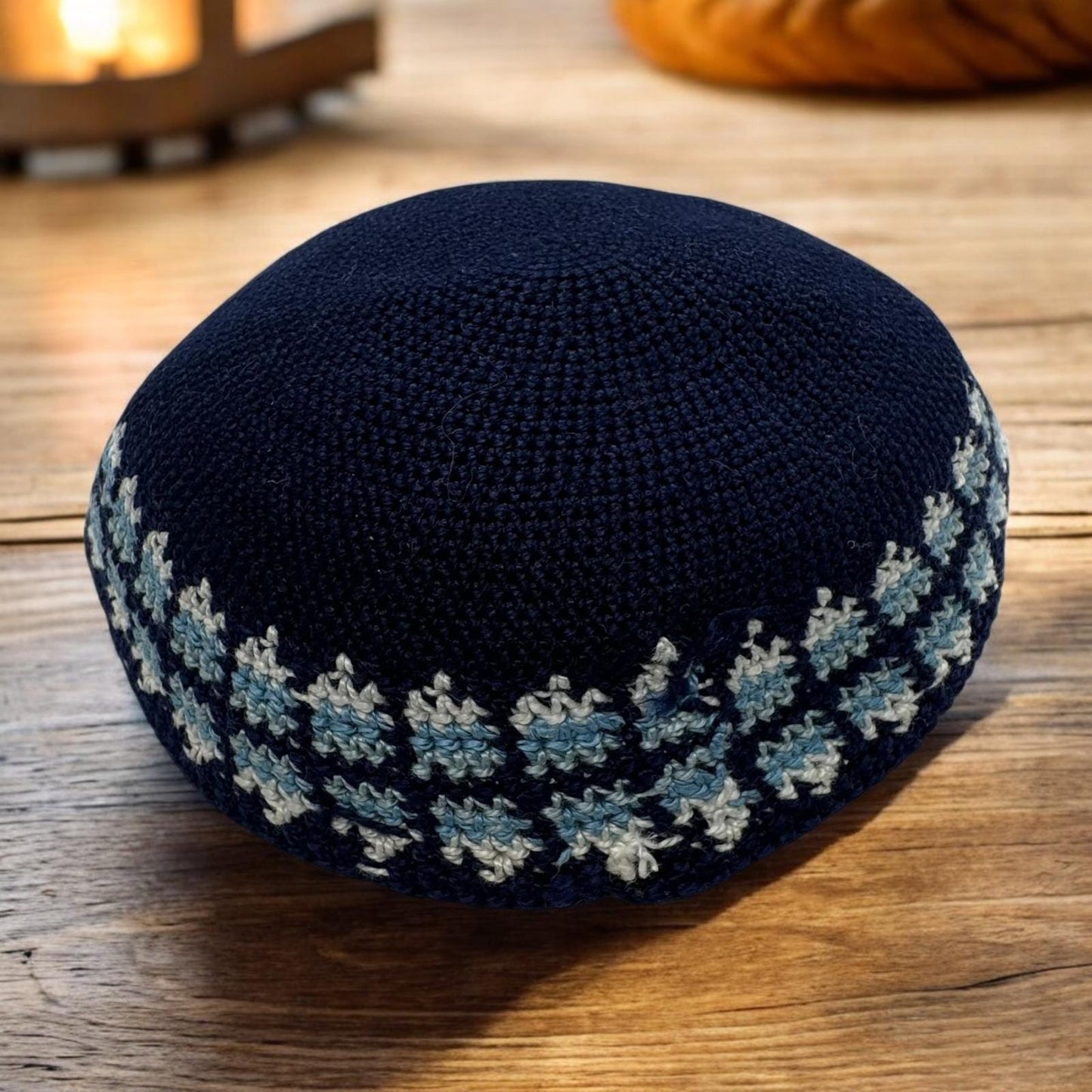 Blue Cotton Base Design Knitted 14cm Kippah