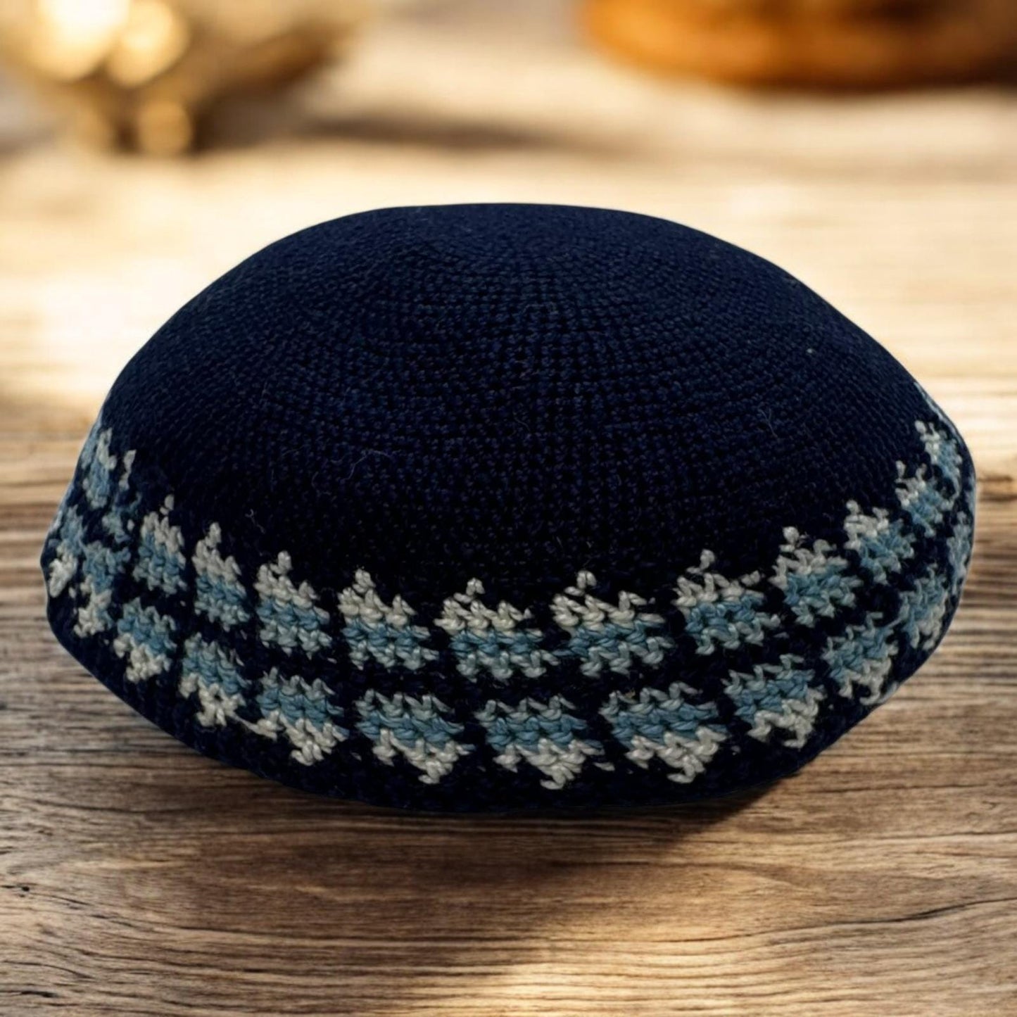 Blue Cotton Base Design Knitted 14cm Kippah