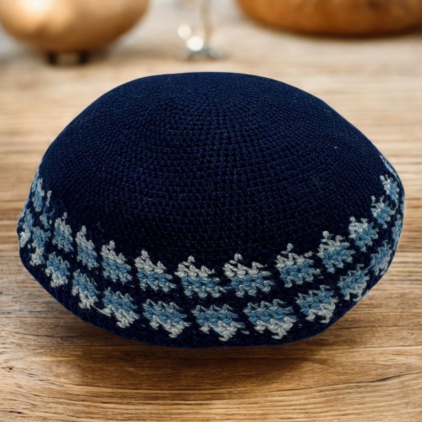 Blue Cotton Base Design Knitted 14cm Kippah