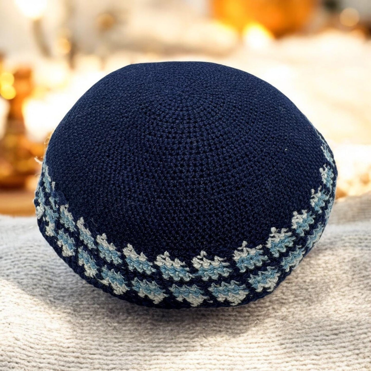 Blue Cotton Base Design Knitted 14cm Kippah