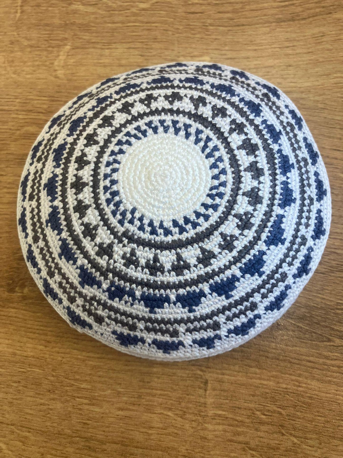 White, Brown, & Blue Cotton Knitted Kippah | 14cm Jewish Yarmulke