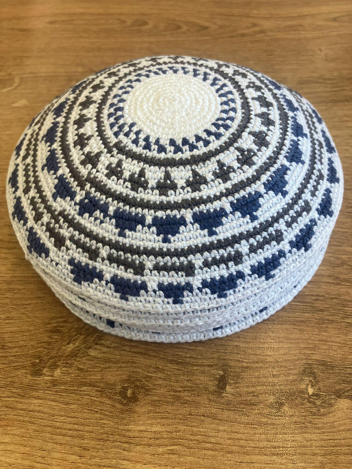 White, Brown, & Blue Cotton Knitted Kippah | 14cm Jewish Yarmulke