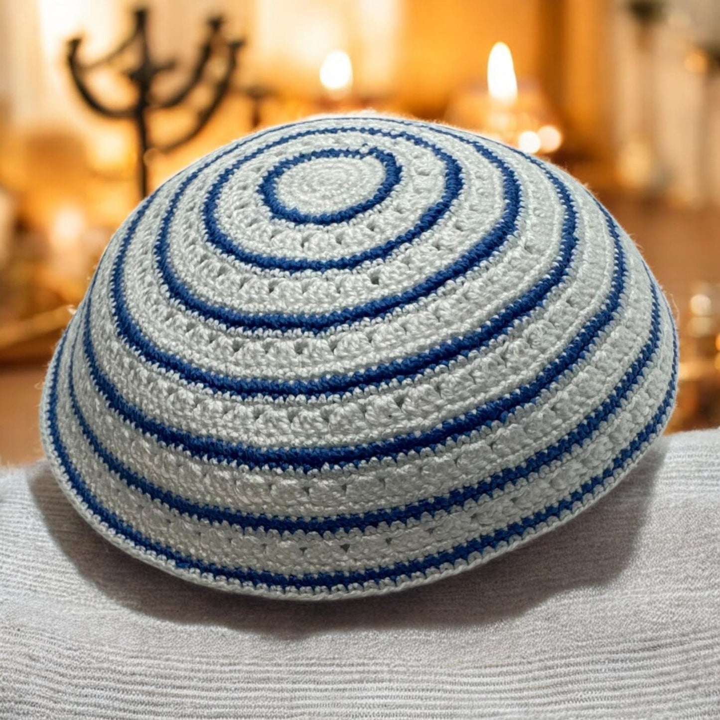 White and Blue Circle 17cm Knitted Cotton Kippah