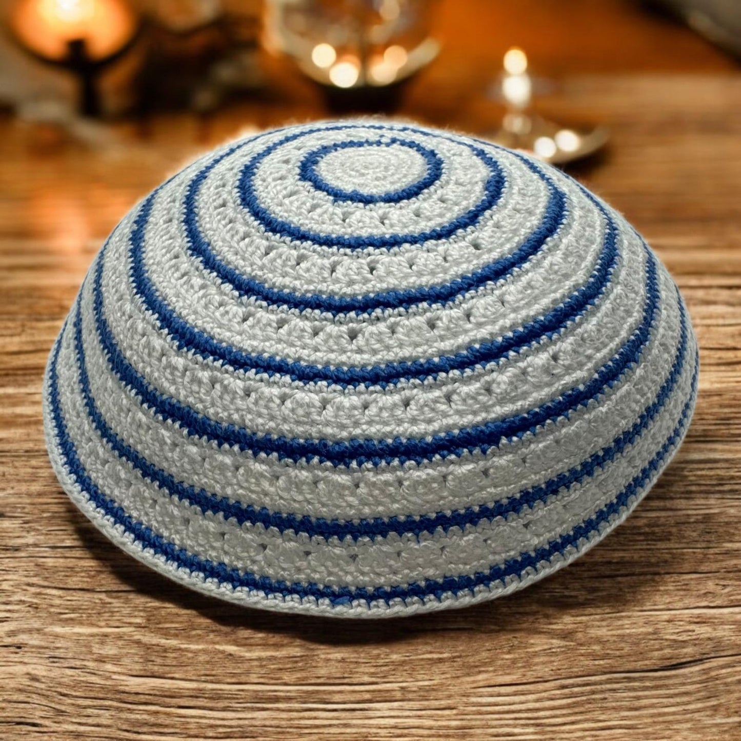 White and Blue Circle 17cm Knitted Cotton Kippah