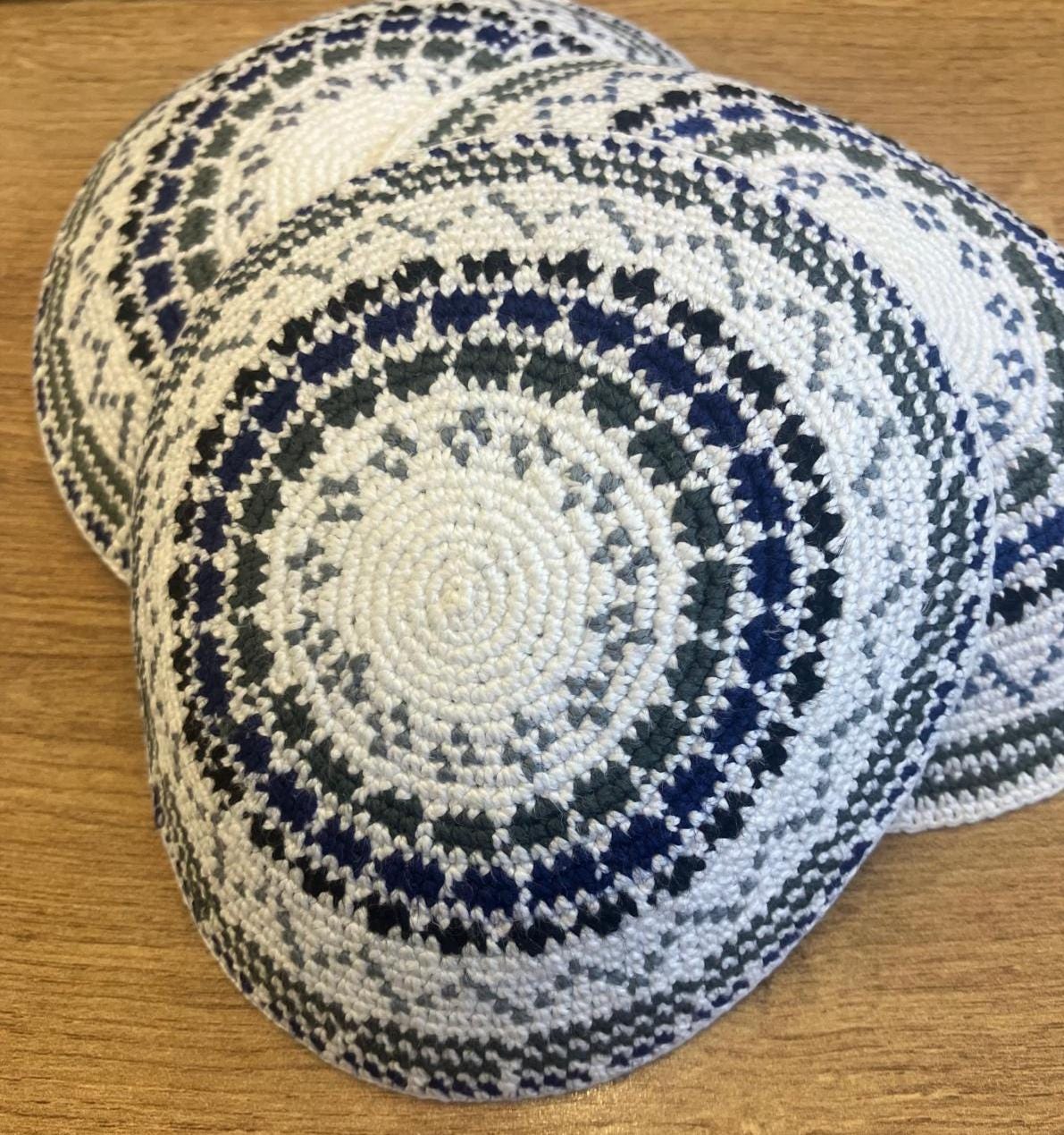Blue, Gray, & White Cotton 14cm Knitted Kippah