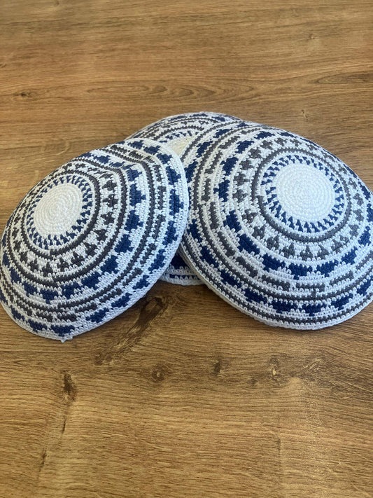 White, Brown, & Blue Cotton Knitted Kippah | 14cm Jewish Yarmulke