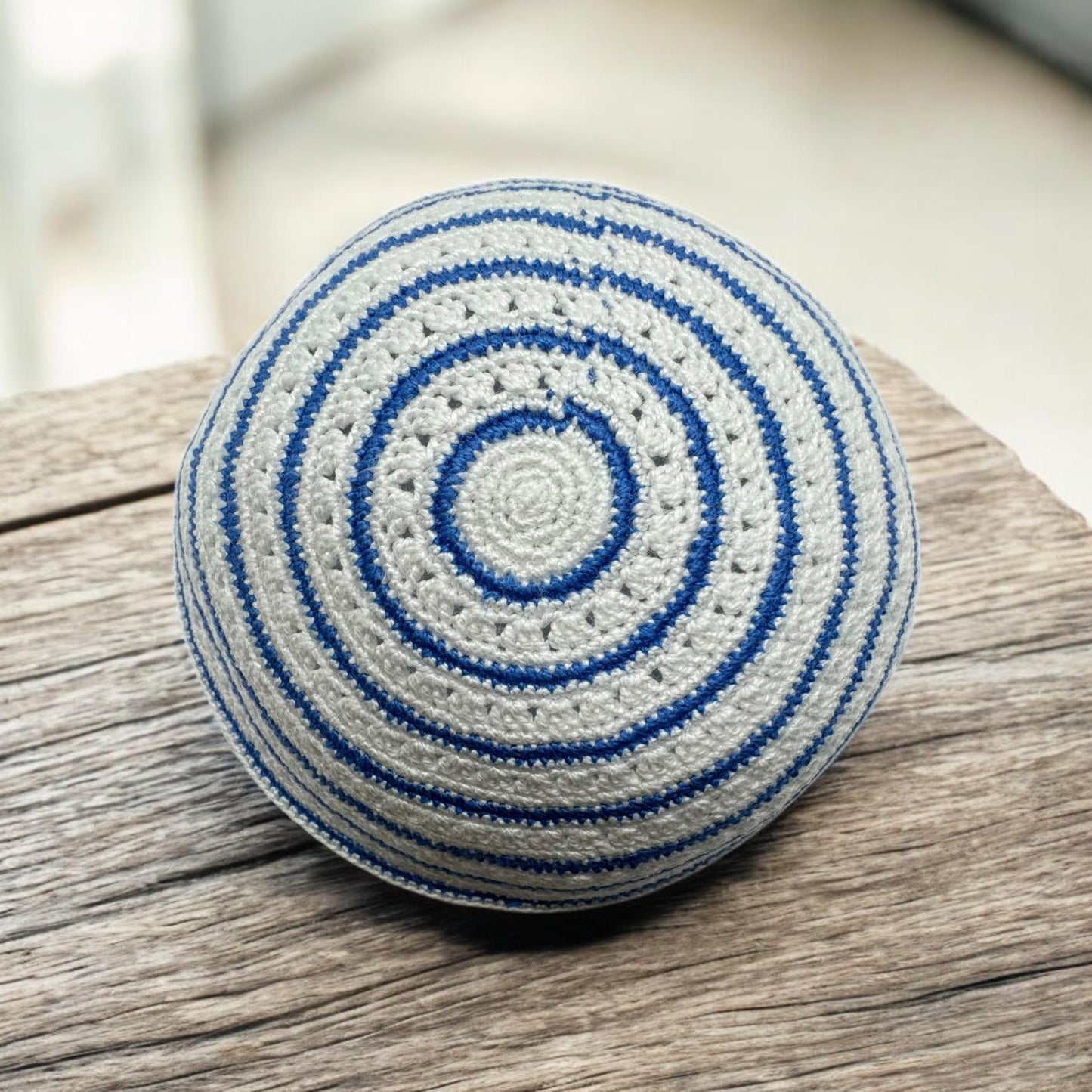 White and Blue Circle 17cm Knitted Cotton Kippah