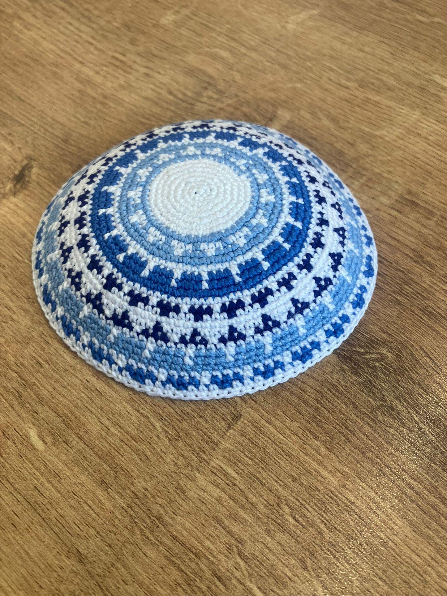 White, Blue, & Light Blue Cotton Knitted Kippah | 11cm Handmade Jewish Kippah