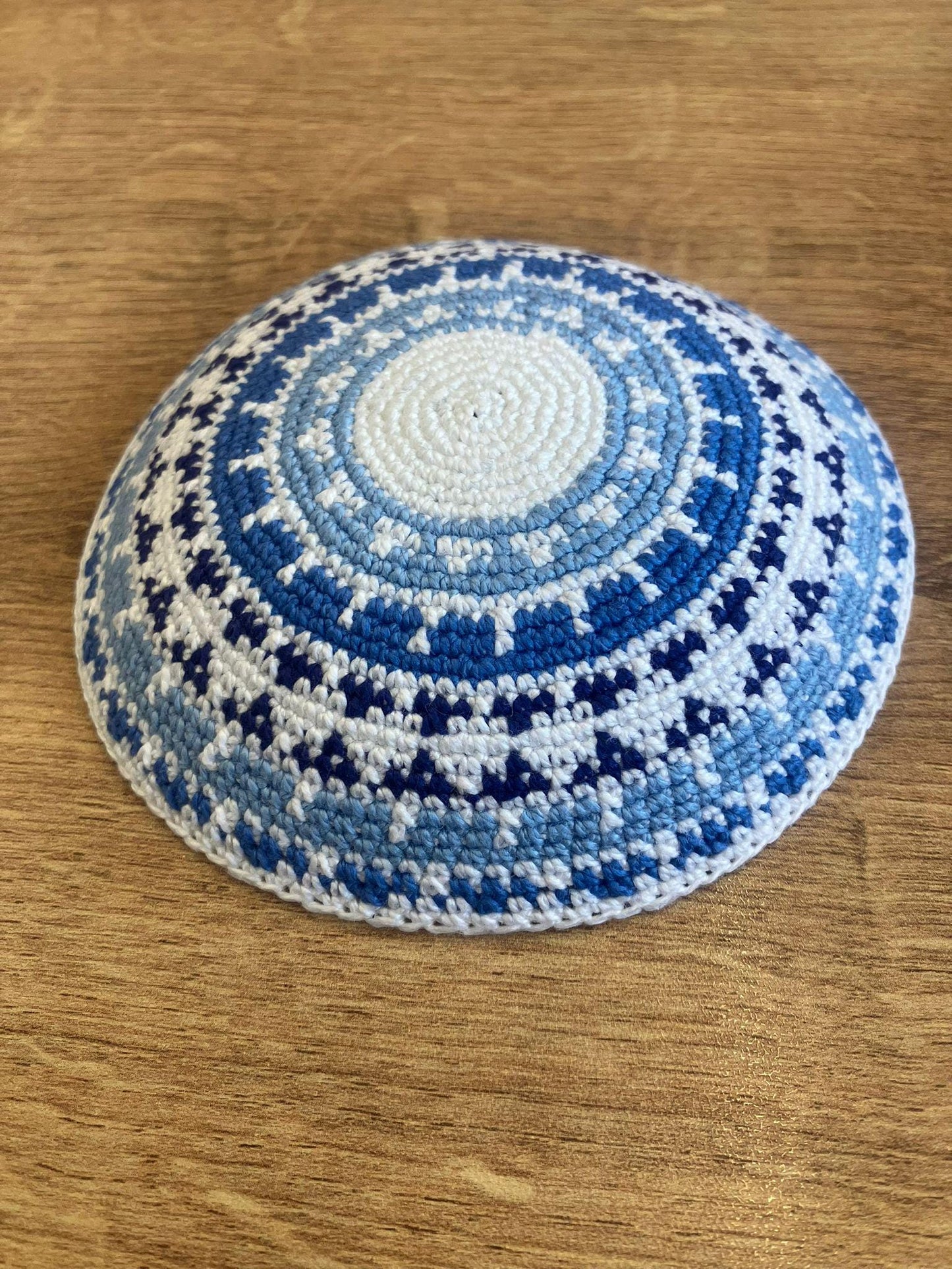 White, Blue, & Light Blue Cotton Knitted Kippah | 11cm Handmade Jewish Kippah