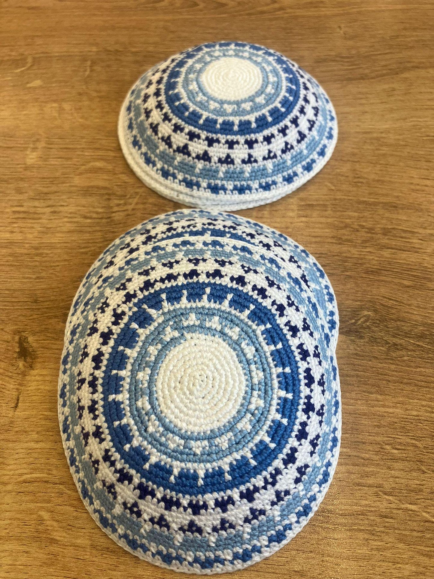 White, Blue, & Light Blue Cotton Knitted Kippah | 11cm Handmade Jewish Kippah