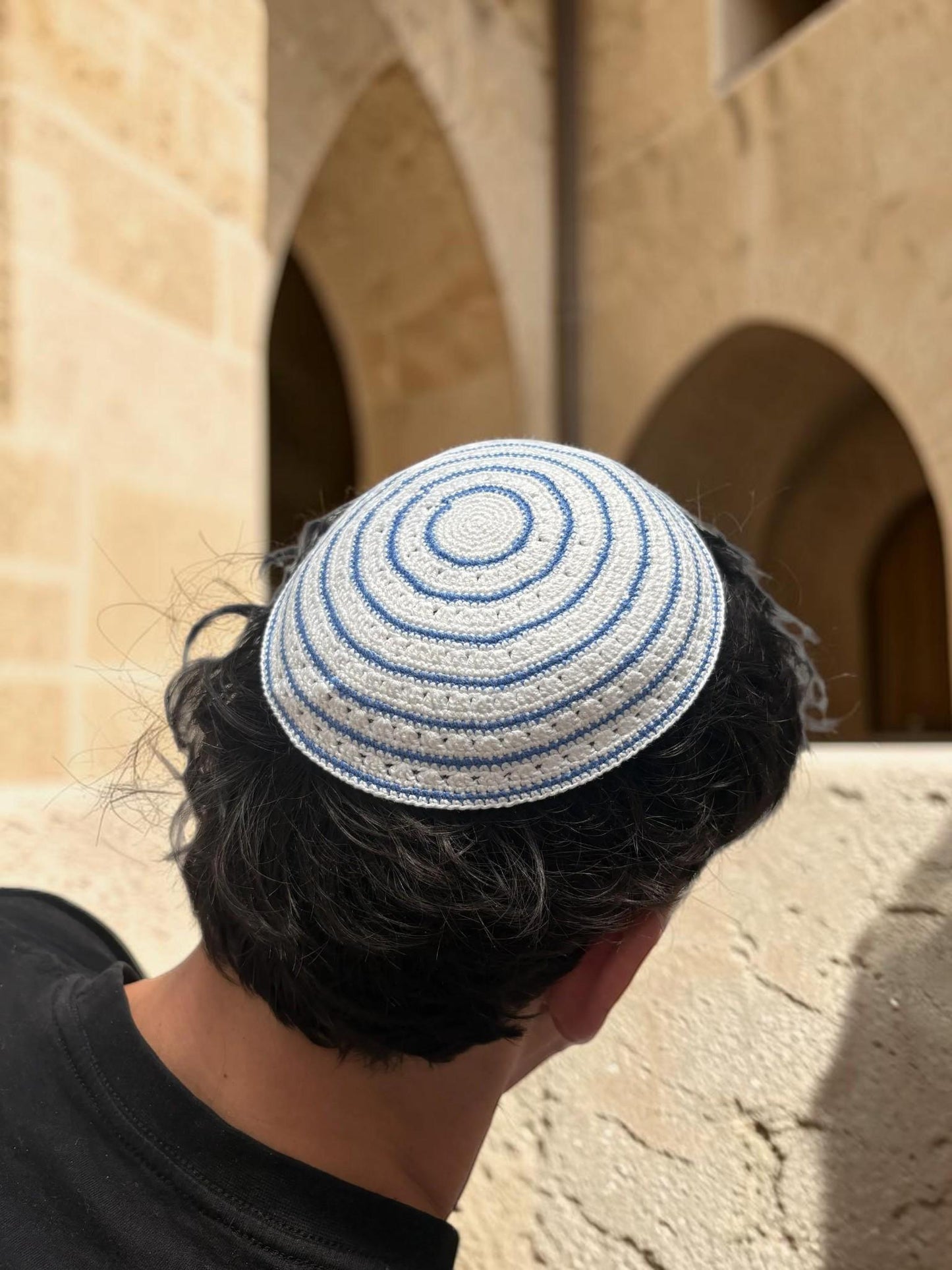 White and Blue Circle 17cm Knitted Cotton Kippah