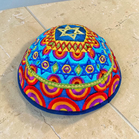 Star of David Colorful/Blue Embroidered Kippah