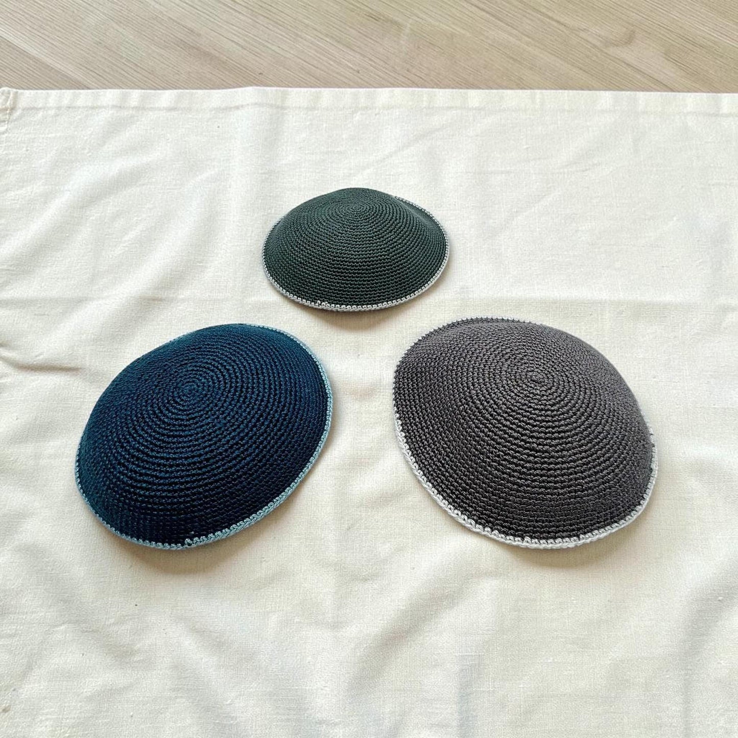 Gray, Green, & Blue 13cm Handmade Cotton Knitted Kippah