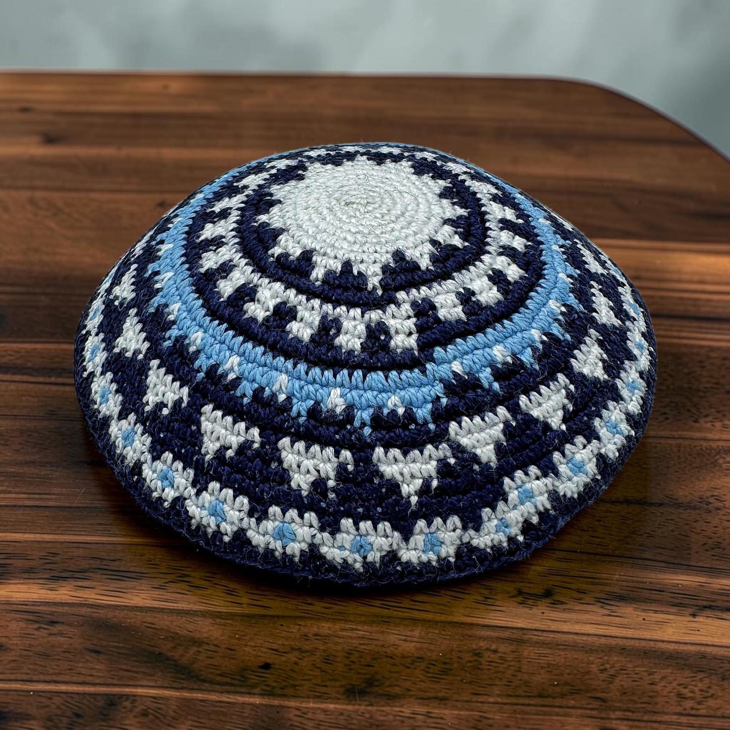 Handmade Blue & White 14cm Cotton Knitted Kippah