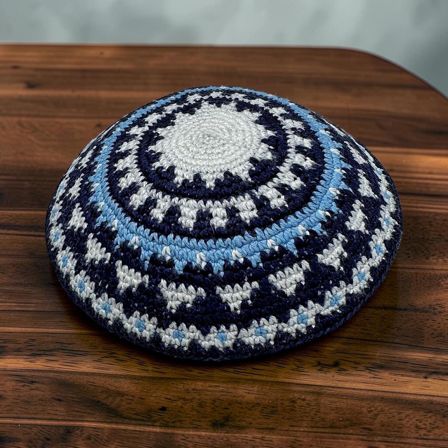 Handmade Blue & White 14cm Cotton Knitted Kippah