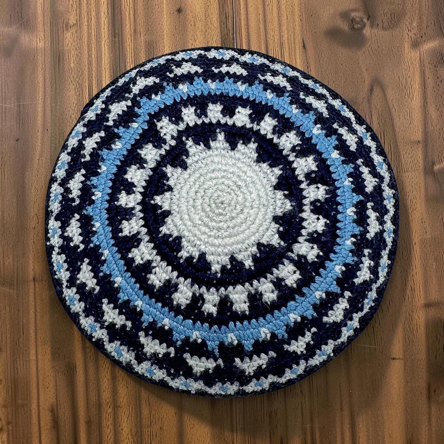 Handmade Blue & White 14cm Cotton Knitted Kippah