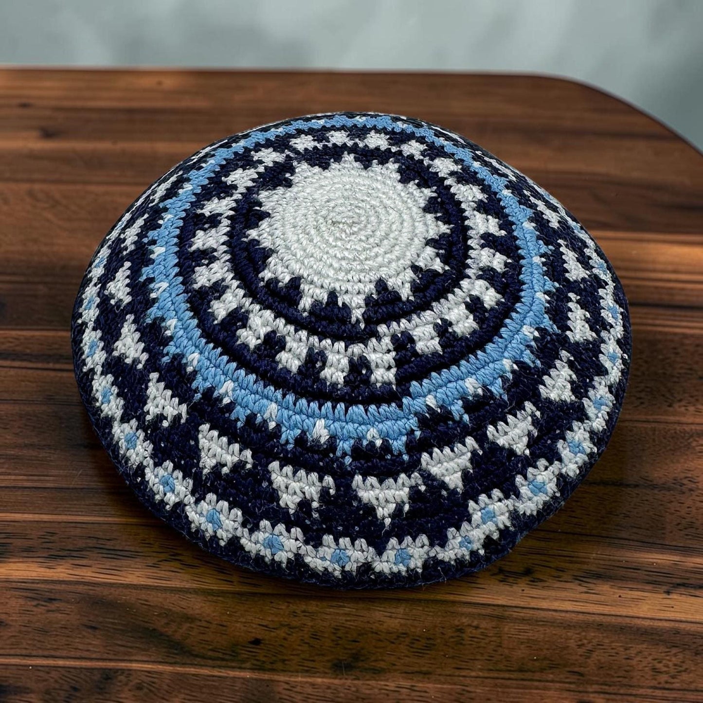 Handmade Blue & White 14cm Cotton Knitted Kippah