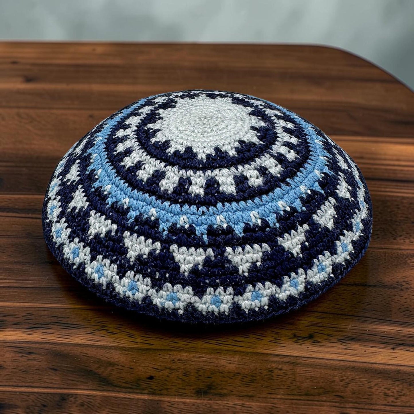 Handmade Blue & White 14cm Cotton Knitted Kippah