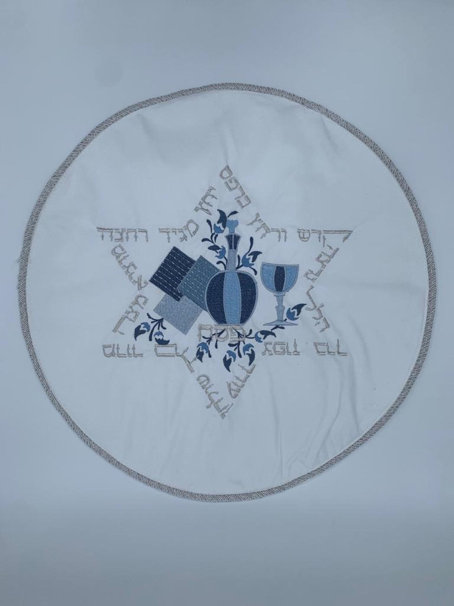 Round Matzah Cover Blue &silver Star of David