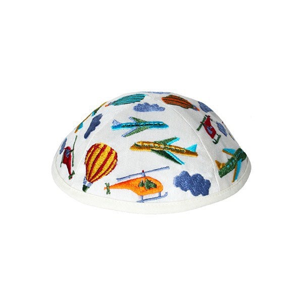 Blue/White Aircraft Embroidered Kids Kippah